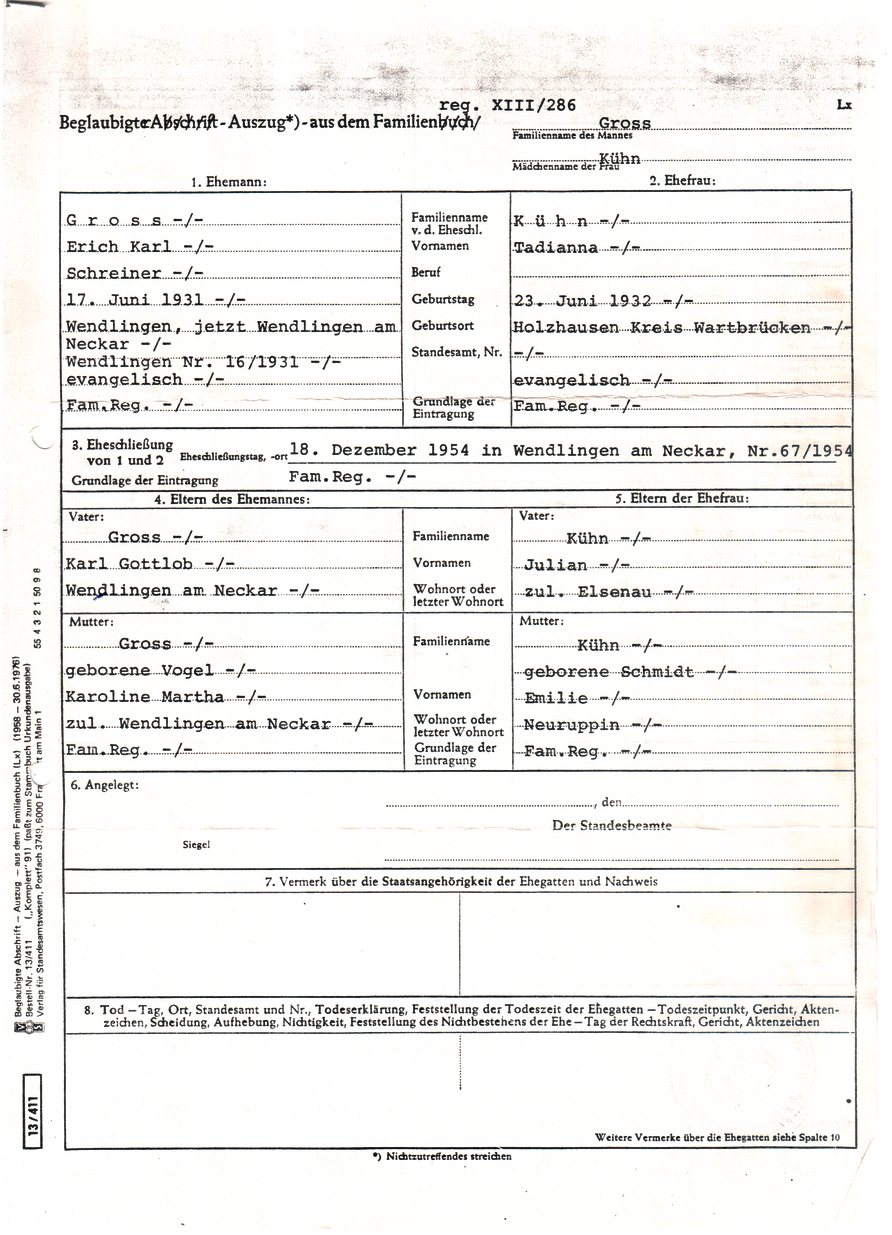 Beglaubigte Abschrift aus dem Familienbuch